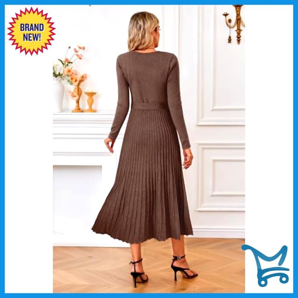 Wool Blend Tie Waist Pleated Sweater Dress V Neck Long Sleeve Elegant - Picture 4 of 7